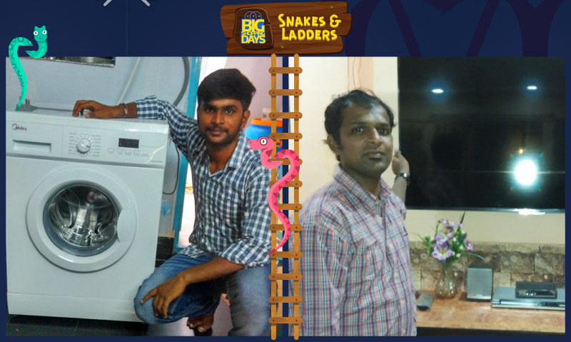 Flipkart customers Tej Kiran (L) and Russel Pereira (R) pose with the prizes they won by playing the Snakes & Ladders game