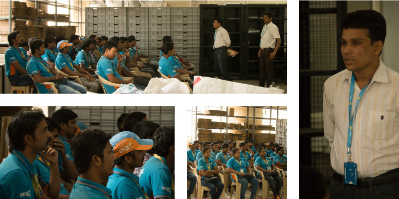 Ekart executives attend a debrief by their hub manager